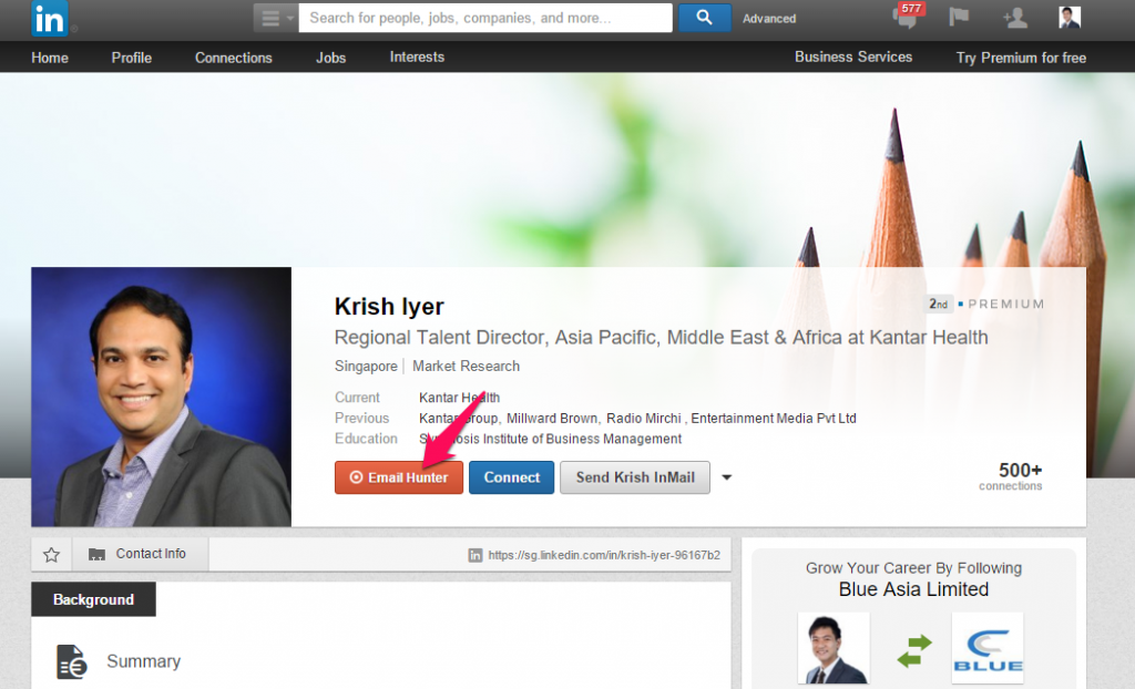 email hunter linkedin sales prospecting button