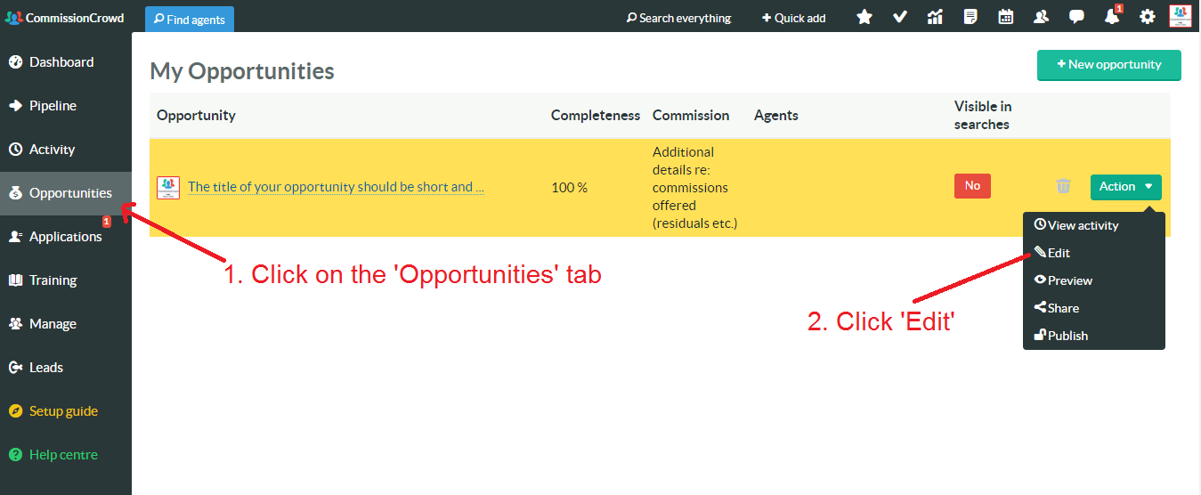 how to edit my freelance sales opportunity on CommissionCrowd